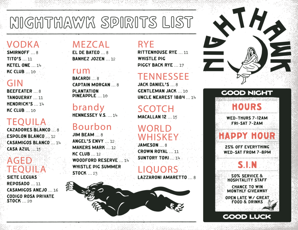 nighthawk menu spirits list