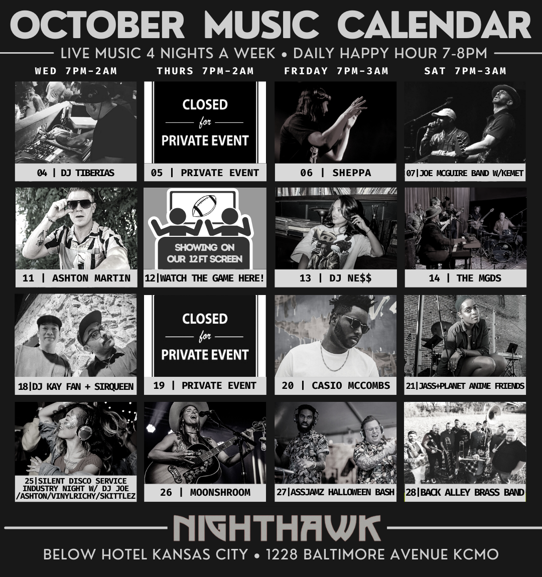 nighthawk calendar OCT 2023 Hotel Kansas City