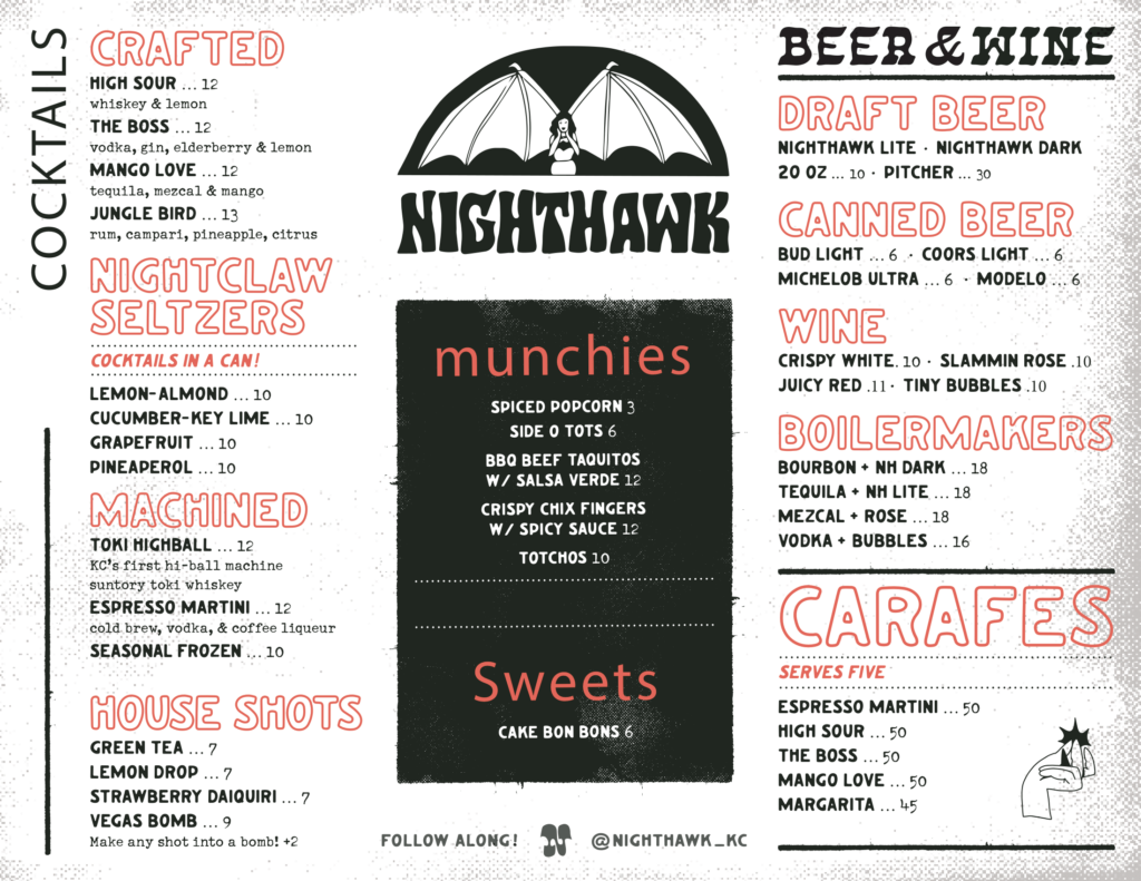 nighthawk menu for beer, wine, and cocktails