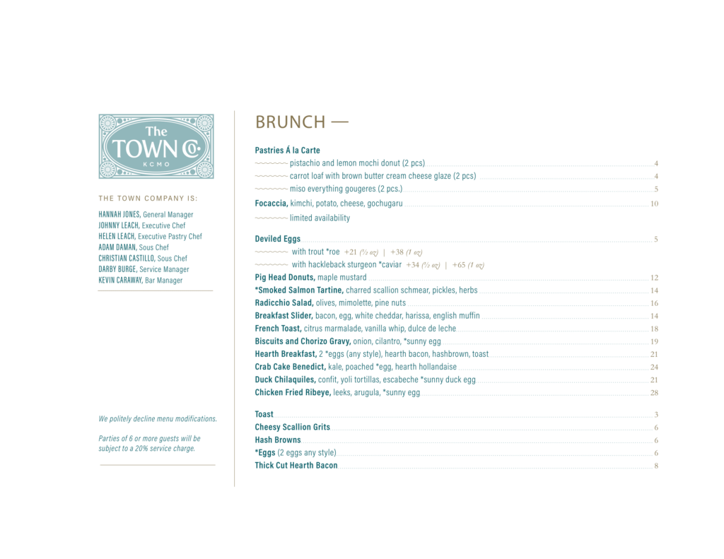 Town Company brunch menu page 1